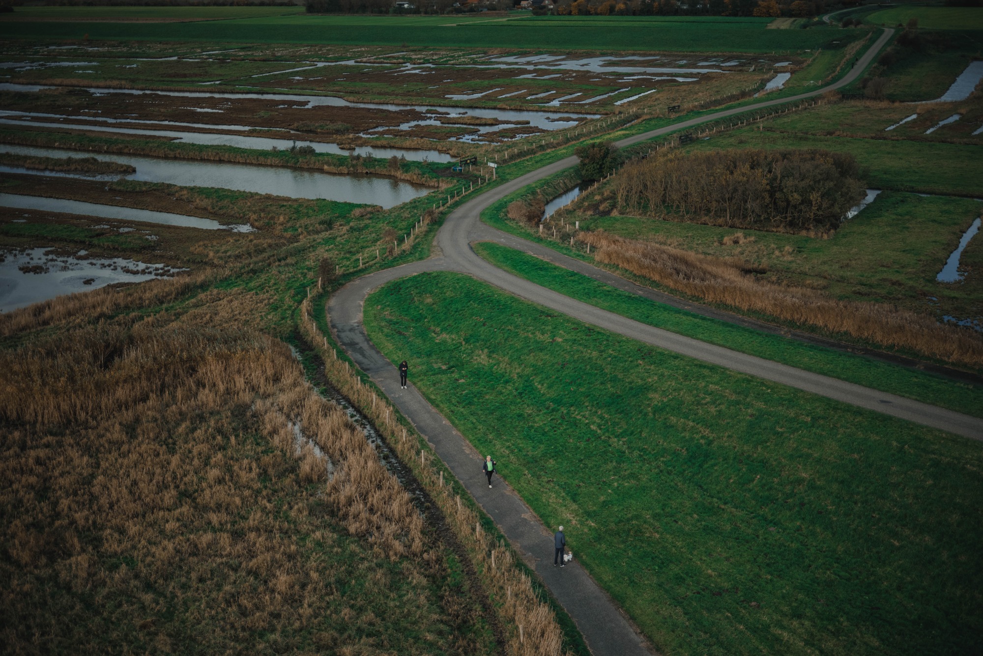 Het Zeeuwse landschap vanaf de Plompe Toren. Er lopen mensen over een pad.